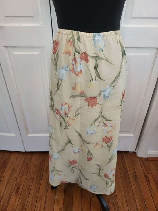 Dresses & Skirts - Cricket Lane Vintage 90s Beige Floral Sheer Maxi Skirt Elastic 3X Cottage Fairy